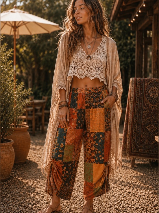 POL Pants - POL M Patchwork Boho Joggers - Green, Yellow, Orange, Black